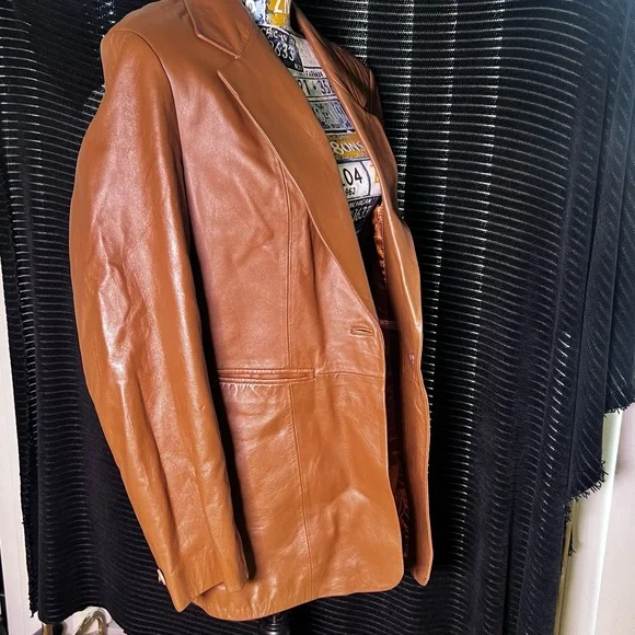 Denim&Co Genuine Leather Blazer Jacket - Medium, Caramel - Picture 4 of 8
